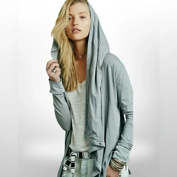 Free People Bond Cardigan Oversized Drape Wrap Hooded Sweater | Gray | Size M - Picture 3 of 15